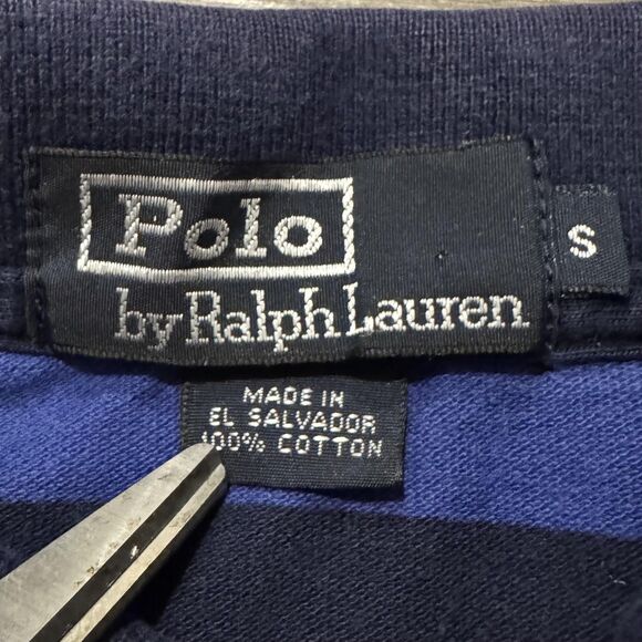 VTG Ralph Lauren Polo Shirt Mens Small Blue Navy Striped Red Pony Rugby Cotton - Picture 3 of 7